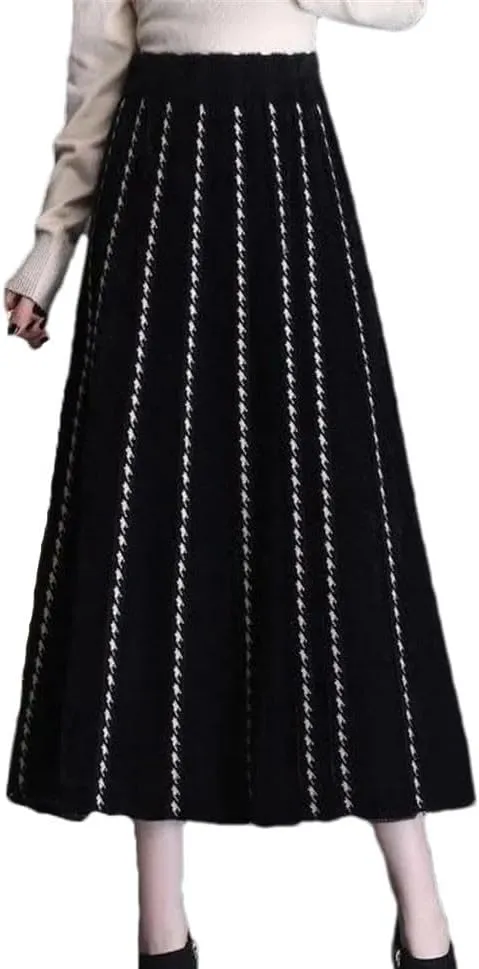 Winter Thick Mink Fleece Pleated Skirt Women Autumn High Waist Midi Knitted Skirt Korean Jacquard Long A-Line Skirts