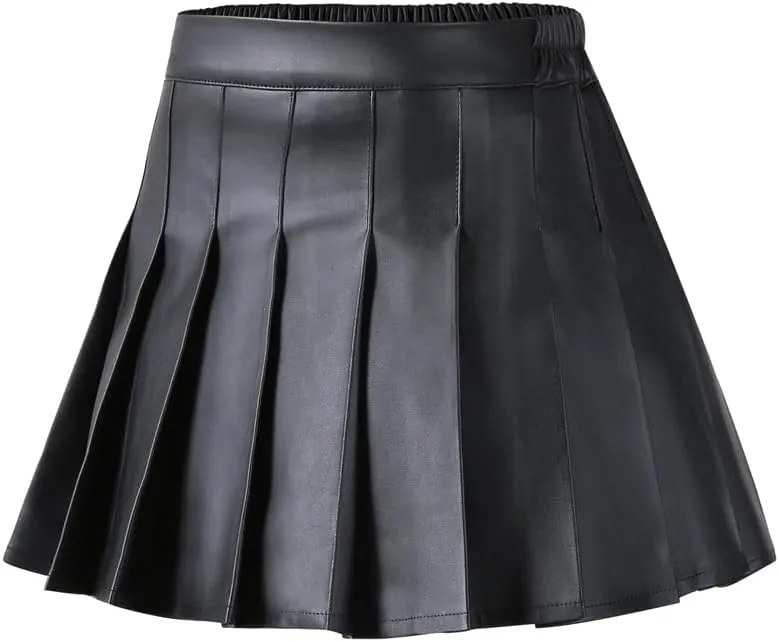 WISREMT Girls Pleated Skirt Faux Leather Short Skirts School Uniform Mini Skirts Flare Skort with Shorts Lined for 2-14 Years