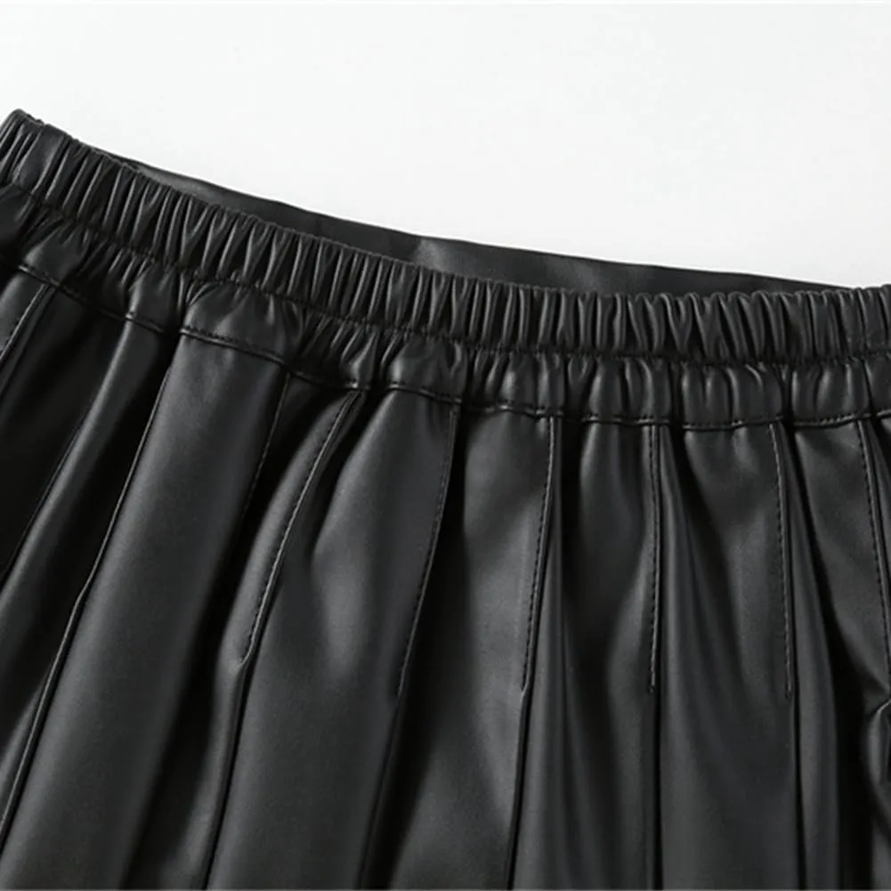 WISREMT Girls Pleated Skirt Faux Leather Short Skirts School Uniform Mini Skirts Flare Skort with Shorts Lined for 2-14 Years