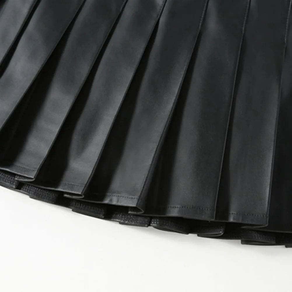 WISREMT Girls Pleated Skirt Faux Leather Short Skirts School Uniform Mini Skirts Flare Skort with Shorts Lined for 2-14 Years