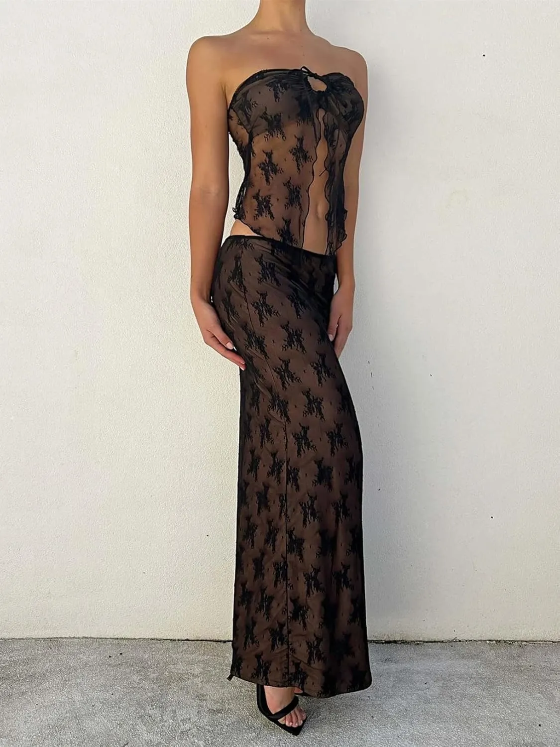 Women 2 Piece Skirt Set Sleeveless Hollow Crop Tops Bodycon Wrap Maxi Skirt Outfit Y2k Summer Party Club Streetwear
