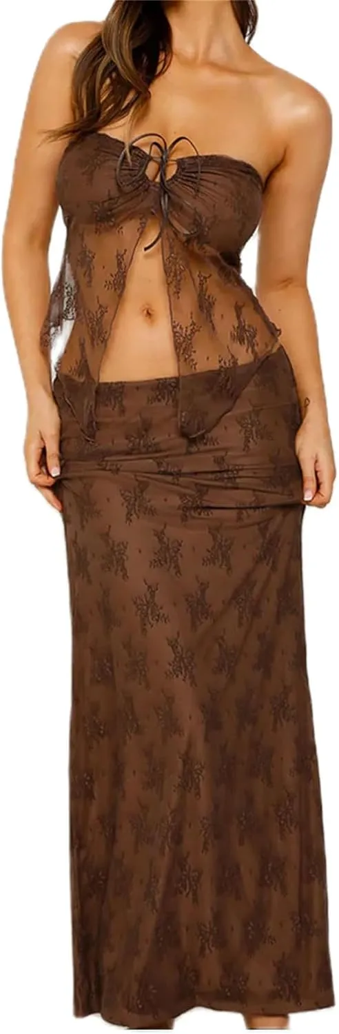 Women 2 Piece Skirt Set Sleeveless Hollow Crop Tops Bodycon Wrap Maxi Skirt Outfit Y2k Summer Party Club Streetwear