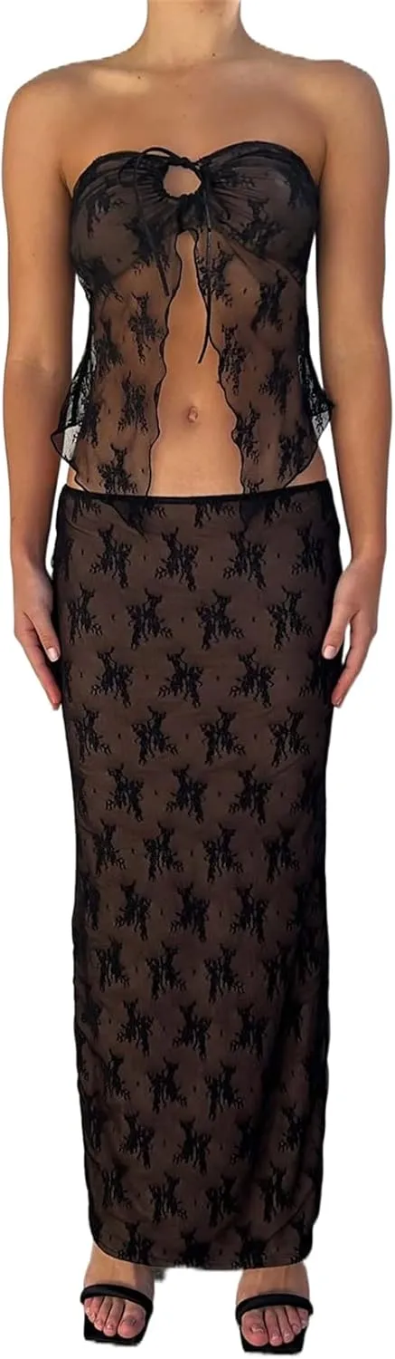Women 2 Piece Skirt Set Sleeveless Hollow Crop Tops Bodycon Wrap Maxi Skirt Outfit Y2k Summer Party Club Streetwear