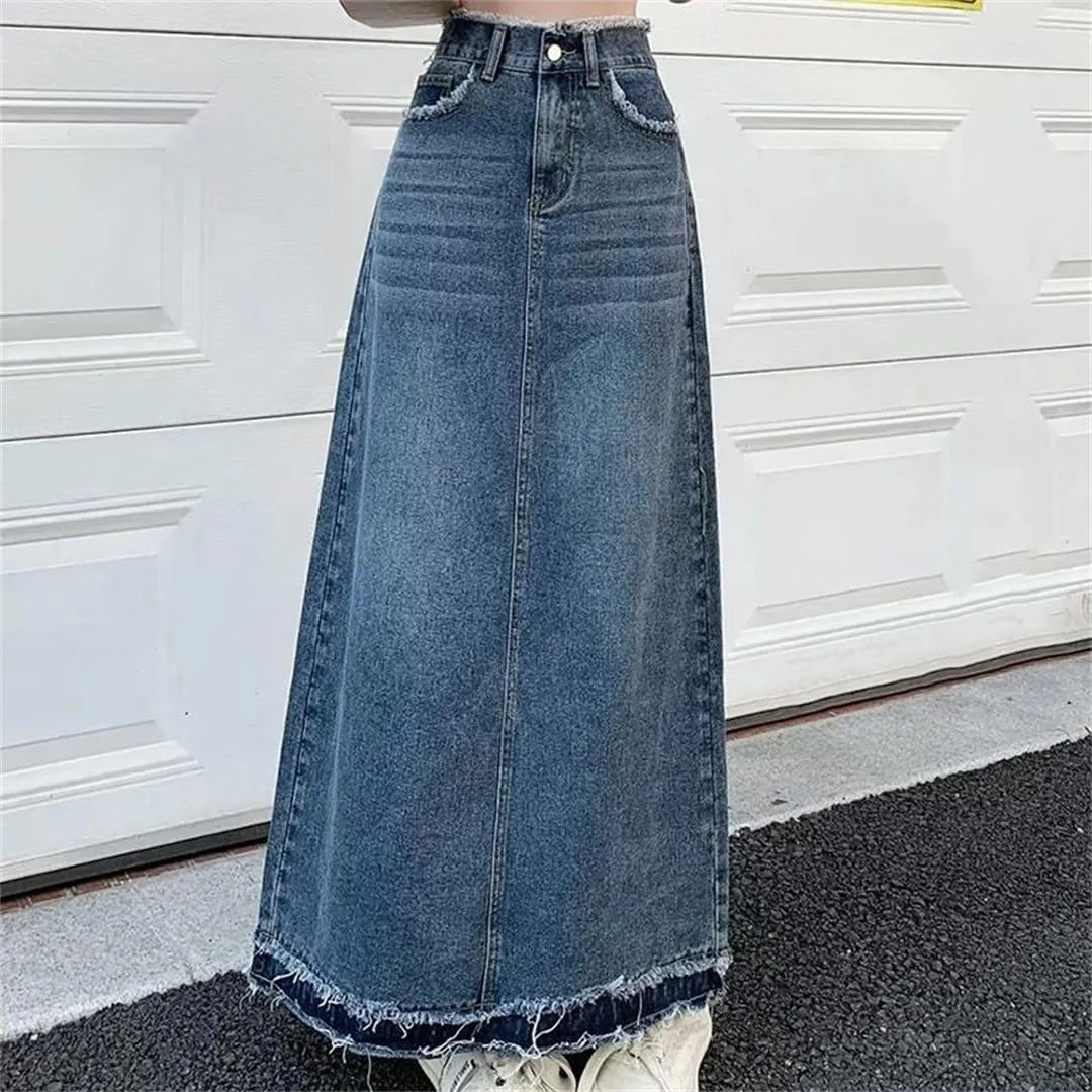 Women Casual High-Waisted A-Line Skirt Summer Rough Edge Skirt Loose Denim Skirts