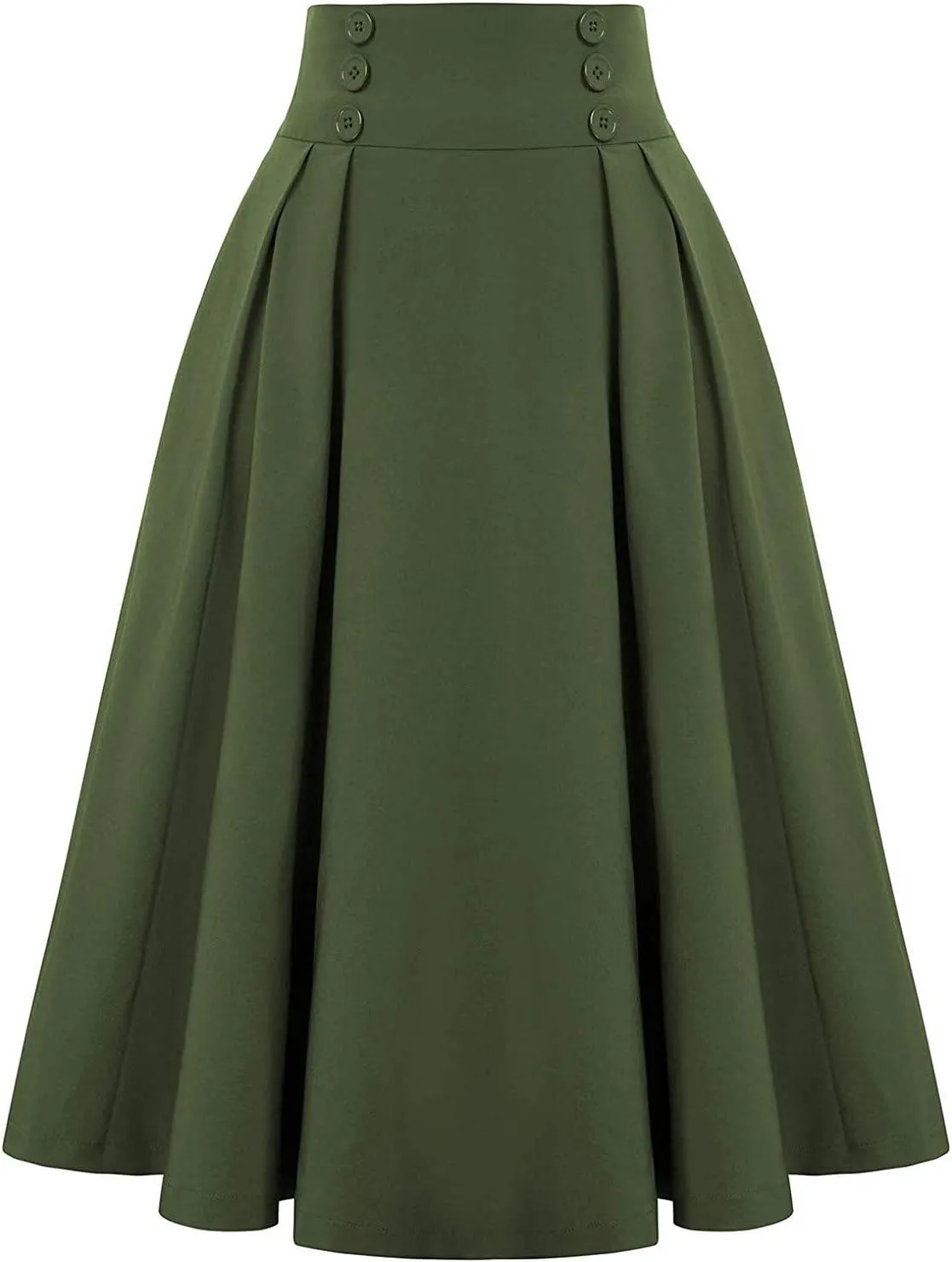 Women Casual Midi Skirt with Pockets Vintage Button Elastic High Waisted Pleated A-Line Skirts Trendy Skirts for Women