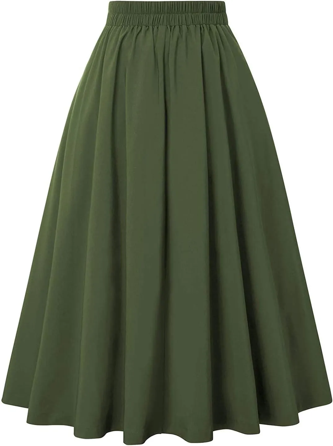 Women Casual Midi Skirt with Pockets Vintage Button Elastic High Waisted Pleated A-Line Skirts Trendy Skirts for Women