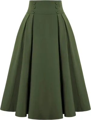 Women Casual Midi Skirt with Pockets Vintage Button Elastic High Waisted Pleated A-Line Skirts Trendy Skirts for Women
