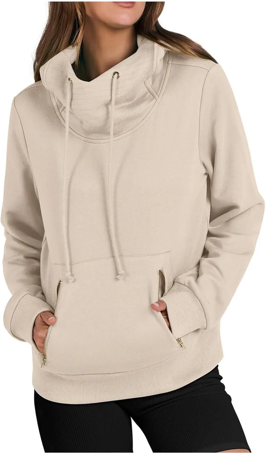 Women Cowl Neck Hoodies Fall Fleece Drawstring Sweatshirts Casual Long Sleeve Hooded Pullover Zipper Kangaroo Pocket