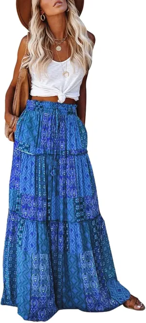 Women Flowy Boho Maxi Skirt Floral Print Pleated Ruffle Casual Long Skirt Beachwear Aesthetic Clothes