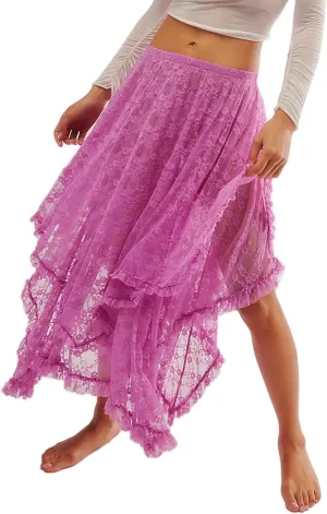 Women Lace Long Skirts Summer Elastic Asymmetrical Layered Hem Sexy See-Through Flowy Beach Floral Maxi Skirts