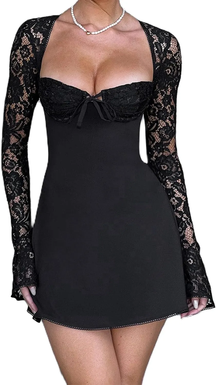 Women Lace Long Sleeve Mini Dress Y2K Floral Lace Patchwork Tie Up Low-Cut Backless Party Short Cami Dress