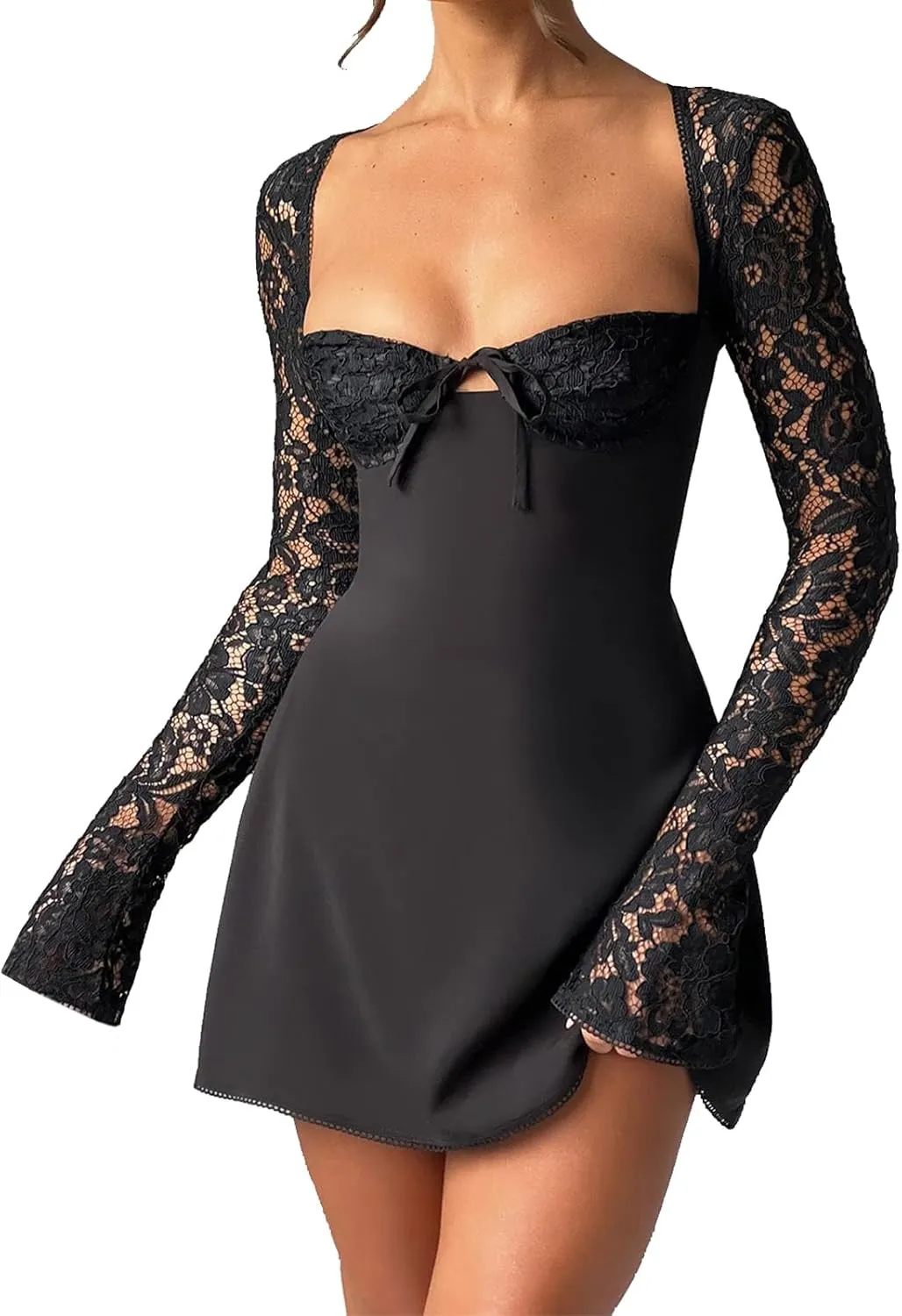 Women Lace Long Sleeve Mini Dress Y2K Floral Lace Patchwork Tie Up Low-Cut Backless Party Short Cami Dress