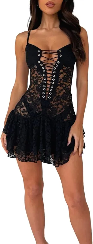 Women Lace Mini Dress Sexy See Through Ruffle Low Cut Floral Short Dress Tie Dye Lace Up Beach Sundress