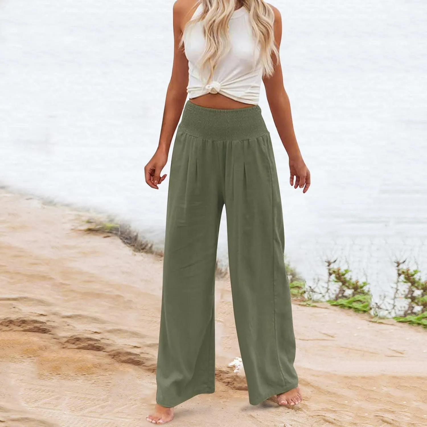 Women Linen Palazzo Pants Boho Wide Leg High Waist Casual Lounge Pant Trousers with Pockets Straight Leg Comfy Pants