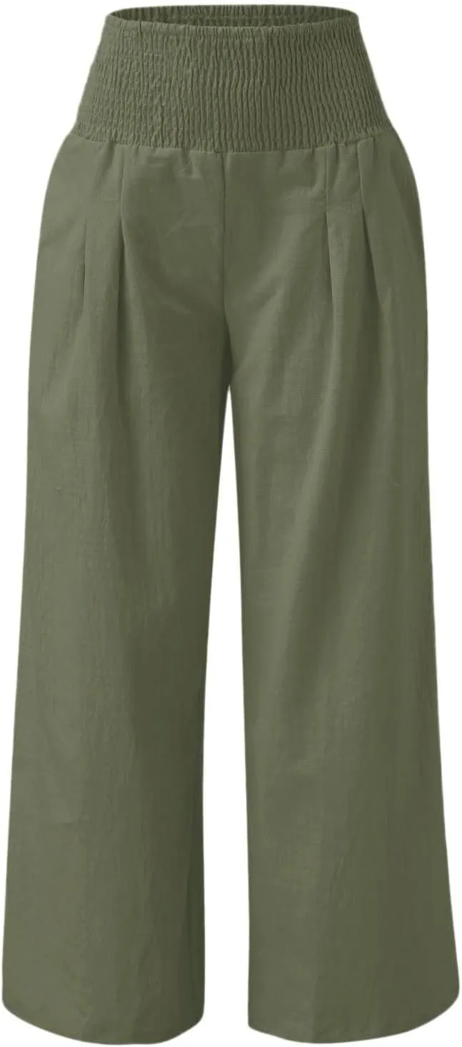Women Linen Palazzo Pants Boho Wide Leg High Waist Casual Lounge Pant Trousers with Pockets Straight Leg Comfy Pants
