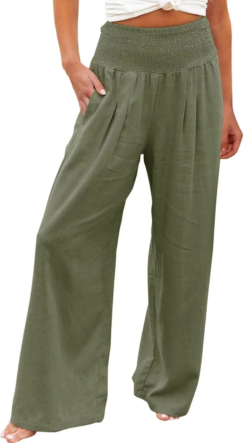 Women Linen Palazzo Pants Boho Wide Leg High Waist Casual Lounge Pant Trousers with Pockets Straight Leg Comfy Pants