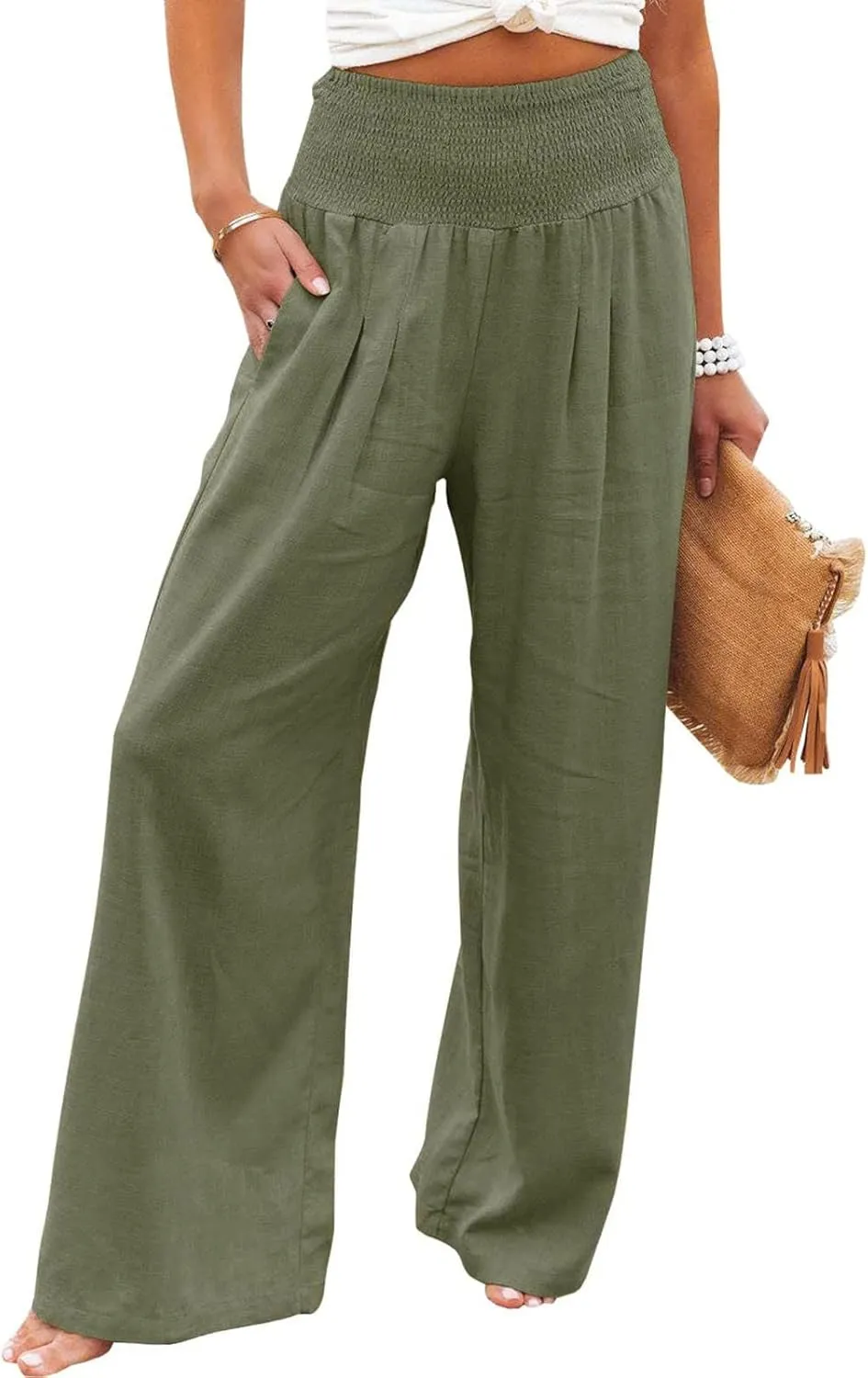 Women Linen Palazzo Pants Boho Wide Leg High Waist Casual Lounge Pant Trousers with Pockets Straight Leg Comfy Pants