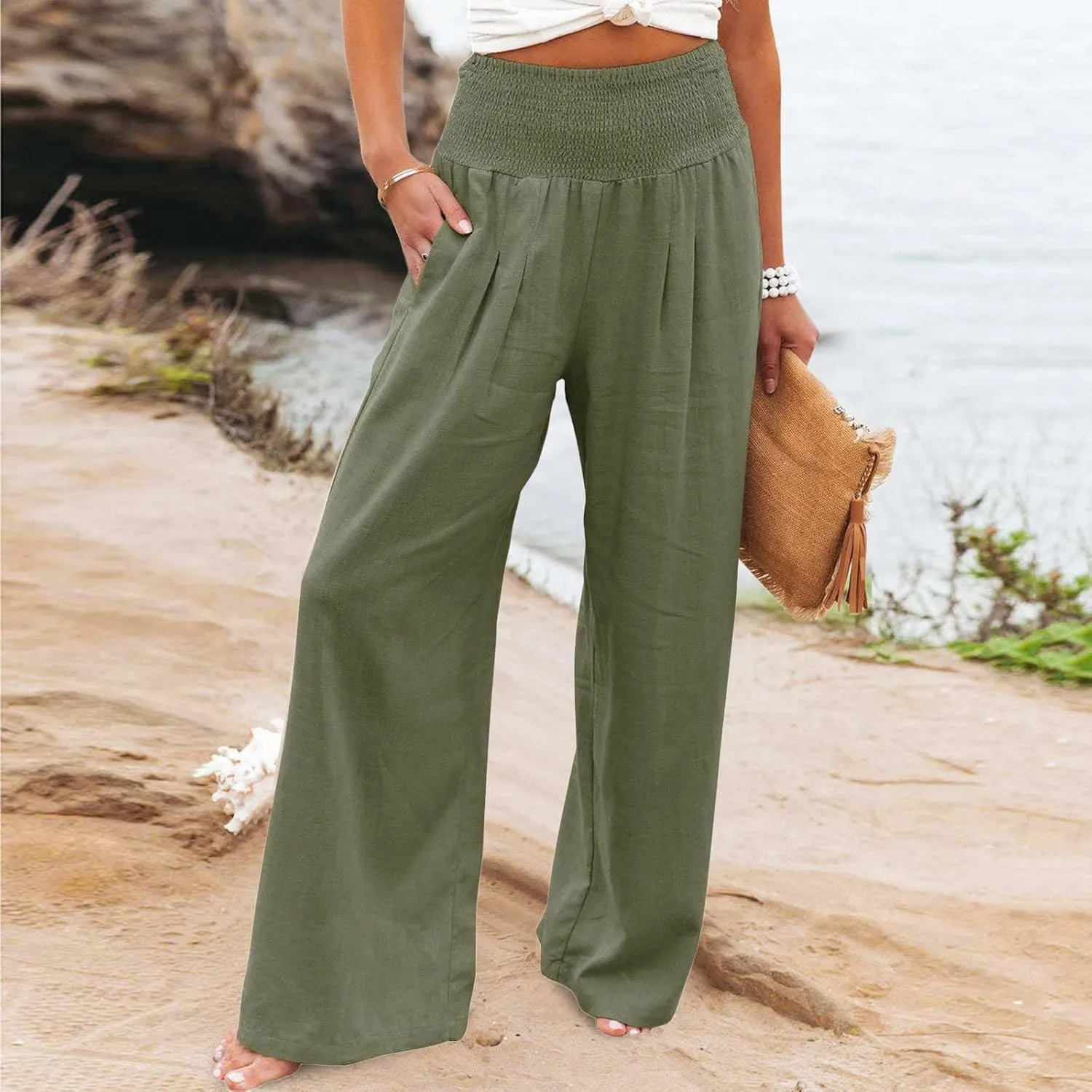 Women Linen Palazzo Pants Boho Wide Leg High Waist Casual Lounge Pant Trousers with Pockets Straight Leg Comfy Pants