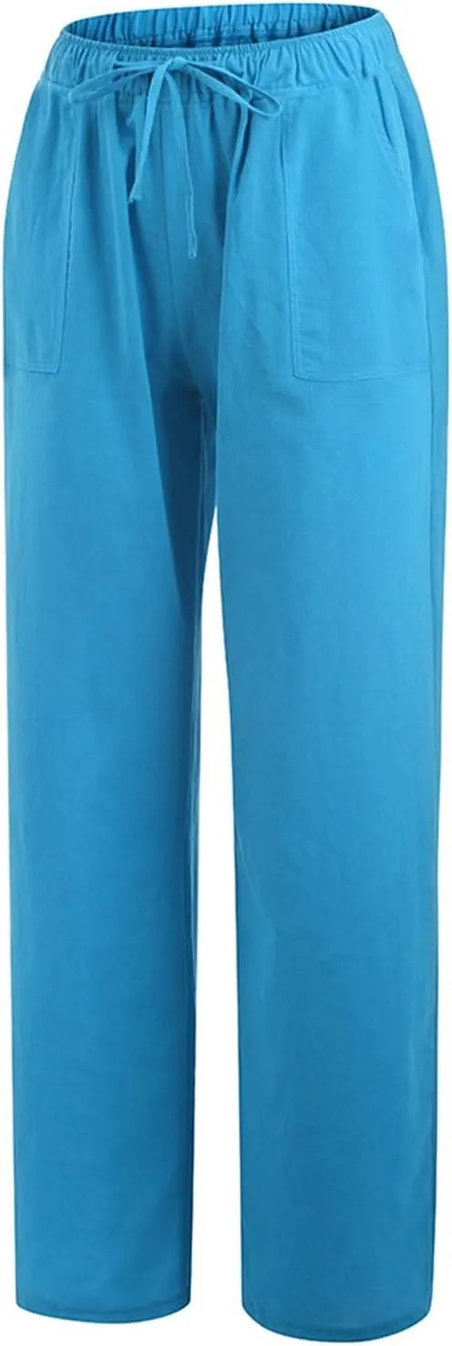 Women Linen Pants 2025 Summer Wide Leg Drawstring High Waisted Palazzo Pants Flowy Lounge Beach Trousers with Pockets