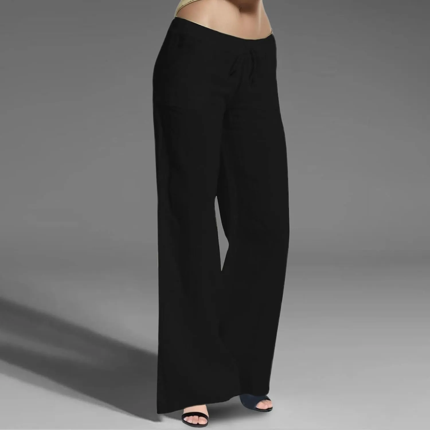 Women Linen Pants 2025 Summer Wide Leg Drawstring High Waisted Palazzo Pants Flowy Lounge Beach Trousers with Pockets