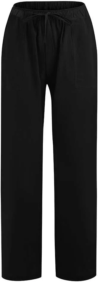 Women Linen Pants 2025 Summer Wide Leg Drawstring High Waisted Palazzo Pants Flowy Lounge Beach Trousers with Pockets