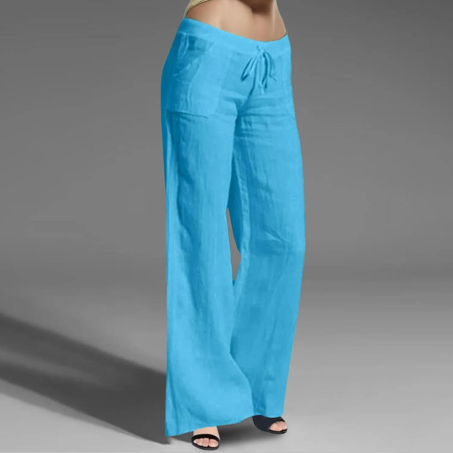 Women Linen Pants 2025 Summer Wide Leg Drawstring High Waisted Palazzo Pants Flowy Lounge Beach Trousers with Pockets
