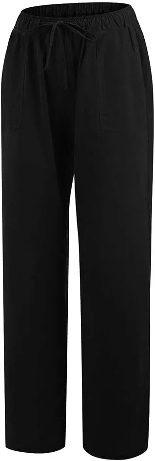 Women Linen Pants 2025 Summer Wide Leg Drawstring High Waisted Palazzo Pants Flowy Lounge Beach Trousers with Pockets