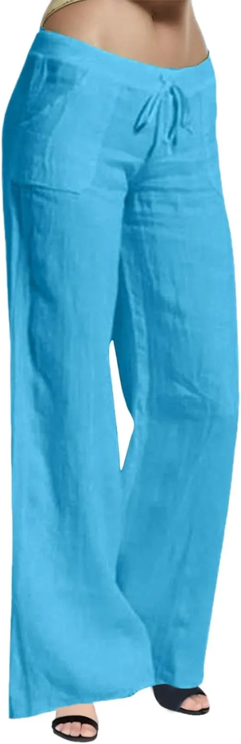 Women Linen Pants 2025 Summer Wide Leg Drawstring High Waisted Palazzo Pants Flowy Lounge Beach Trousers with Pockets