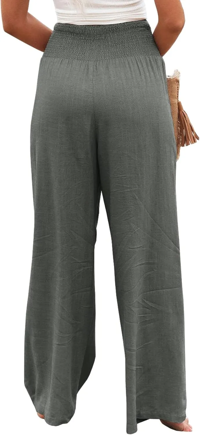 Women Linen Pants Elastic High Waist Wide Leg Palazzo Lounge Pants Casual Loose Beach Pants with Pockets