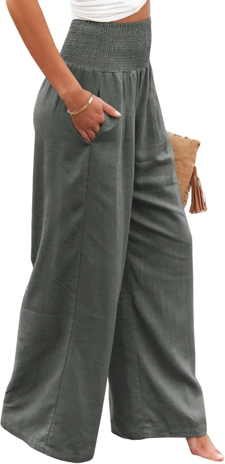Women Linen Pants Elastic High Waist Wide Leg Palazzo Lounge Pants Casual Loose Beach Pants with Pockets