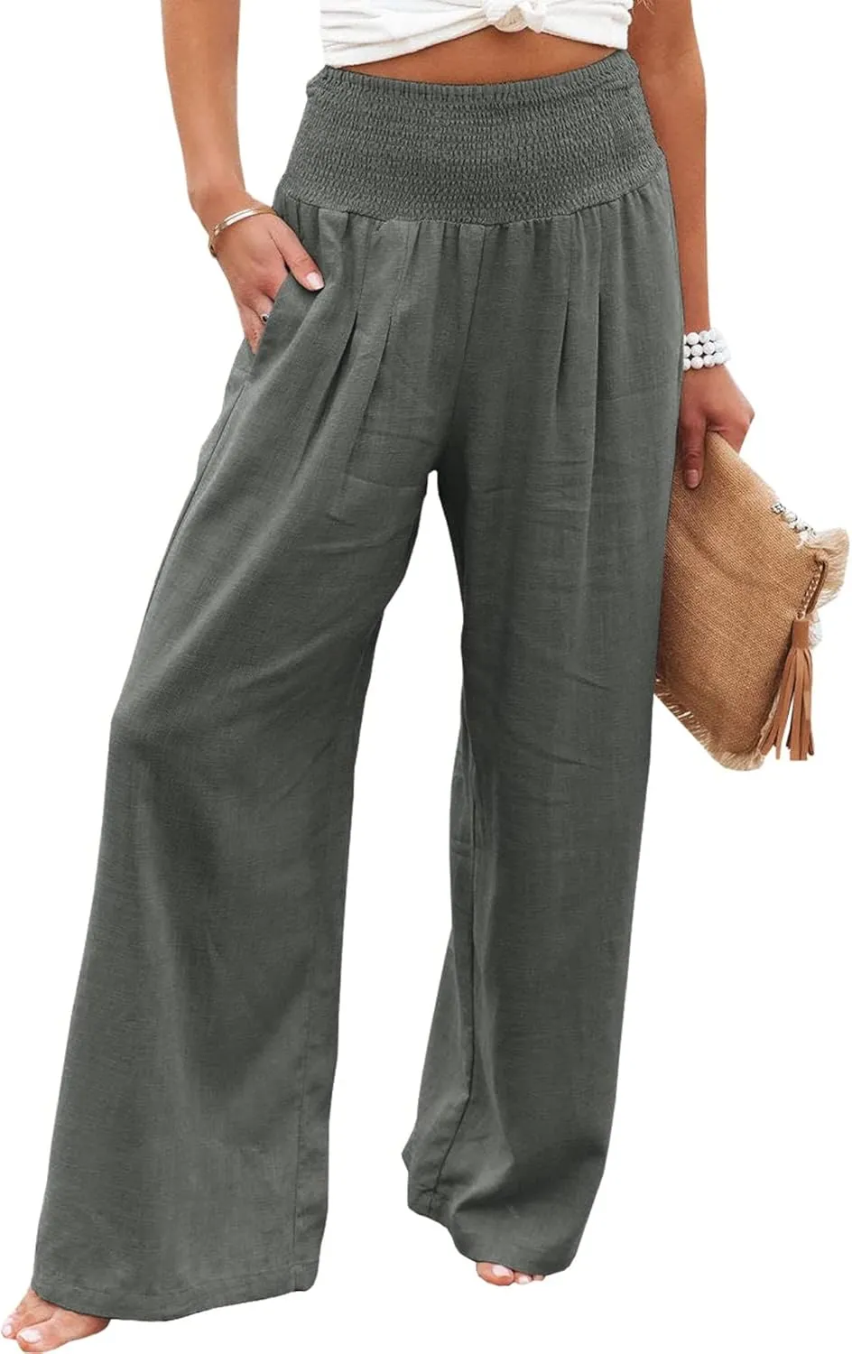 Women Linen Pants Elastic High Waist Wide Leg Palazzo Lounge Pants Casual Loose Beach Pants with Pockets