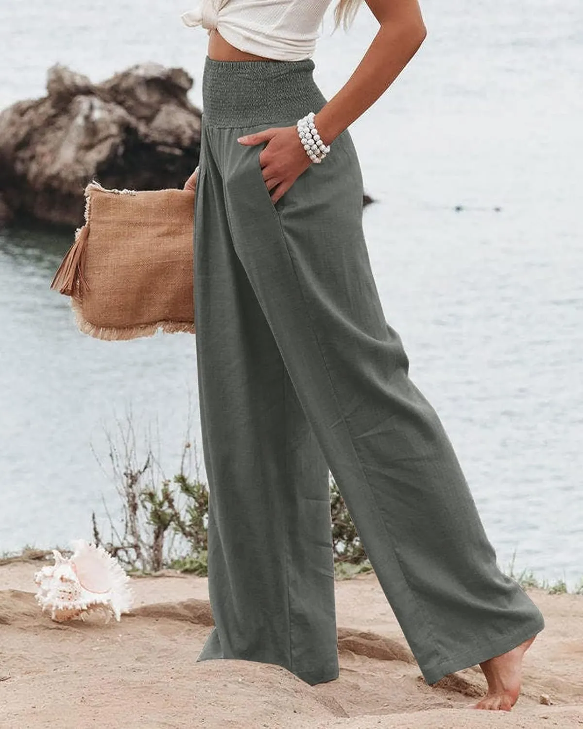 Women Linen Pants Elastic High Waist Wide Leg Palazzo Lounge Pants Casual Loose Beach Pants with Pockets