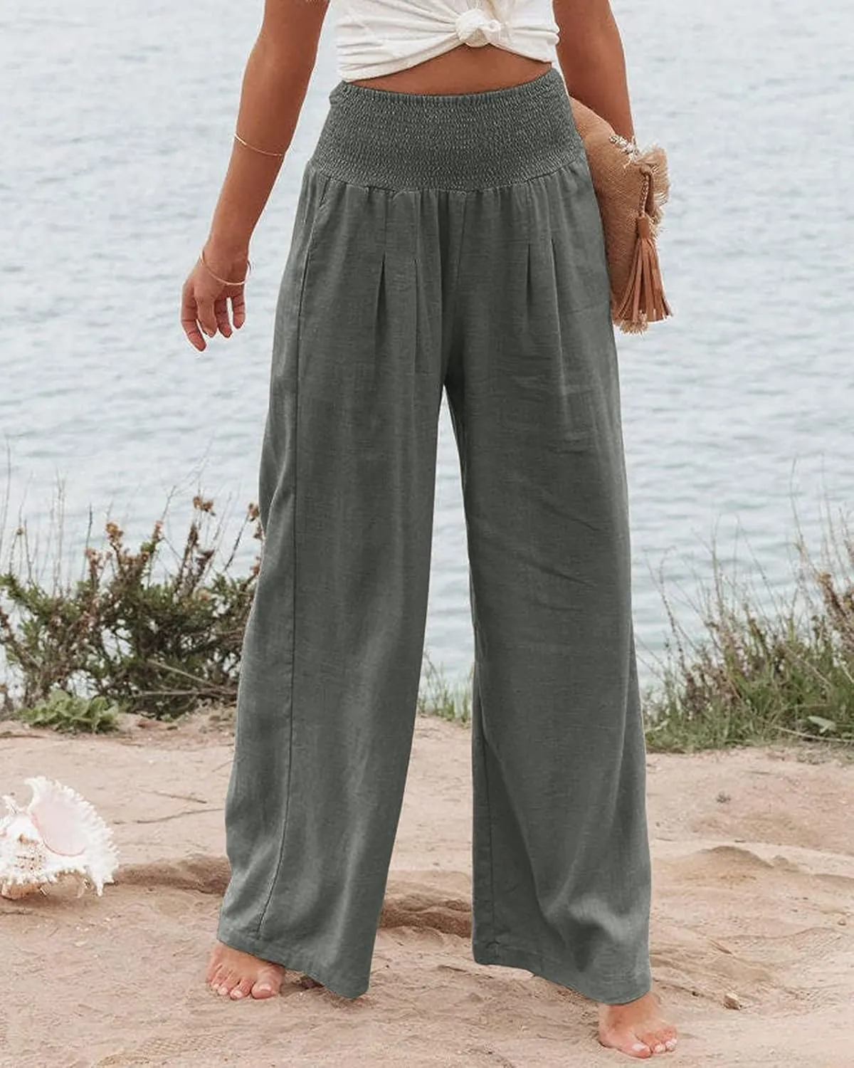 Women Linen Pants Elastic High Waist Wide Leg Palazzo Lounge Pants Casual Loose Beach Pants with Pockets