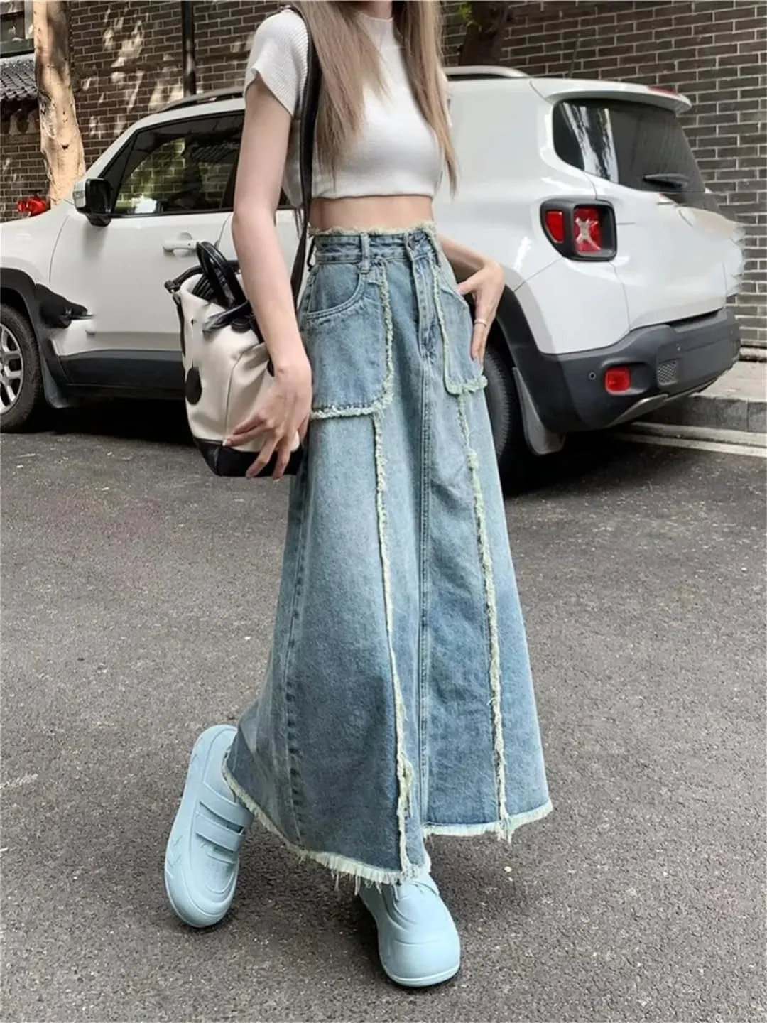 Women Long Skirts Vintage Denim Autumn Fashion High Waisted Casual Denim Skirt