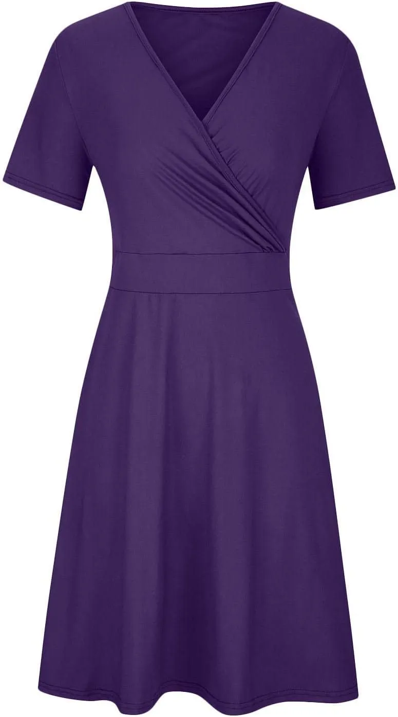 Women Plus Size Boho Dresses Summer Short Sleeve Wrap V-Neck Sundress Solid Color A-line Midi Dress with Pockets
