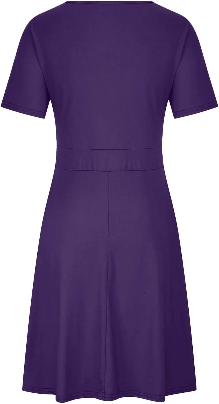 Women Plus Size Boho Dresses Summer Short Sleeve Wrap V-Neck Sundress Solid Color A-line Midi Dress with Pockets