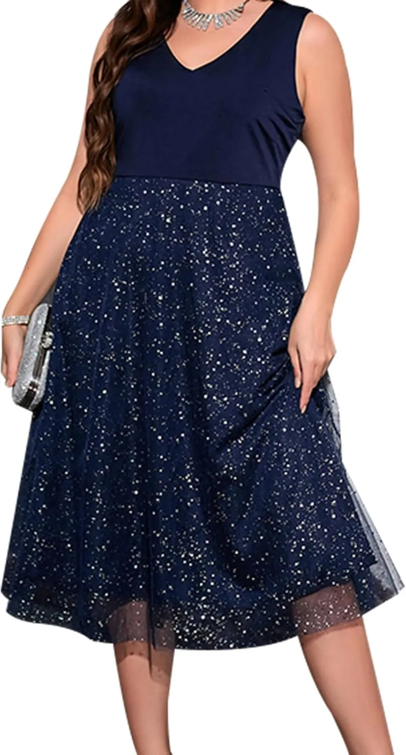 Women Plus Size Dress Sequins V-Neck Sleeveless Midi Dress Summer Fashion Casual Dress