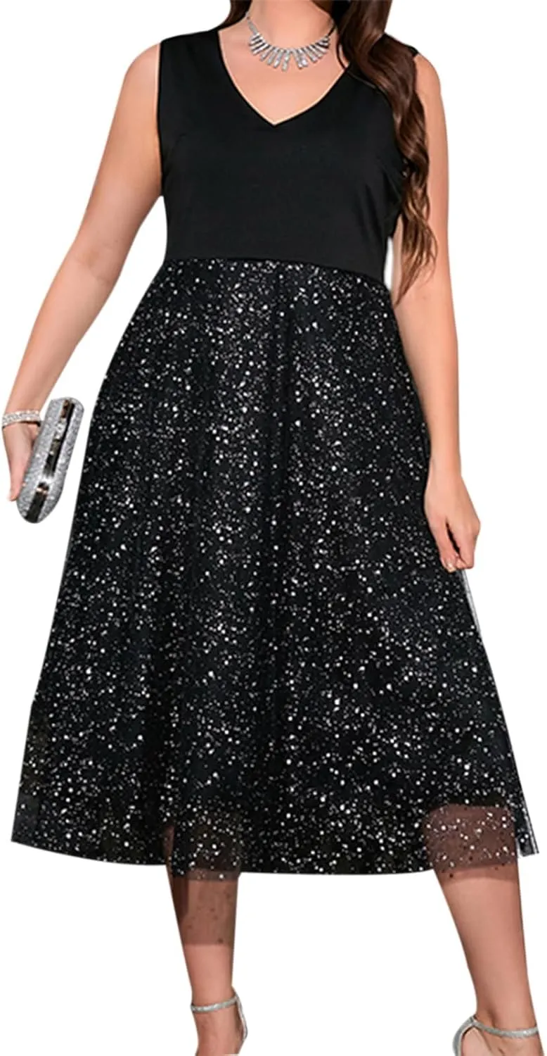 Women Plus Size Dress Sequins V-Neck Sleeveless Midi Dress Summer Fashion Casual Dress