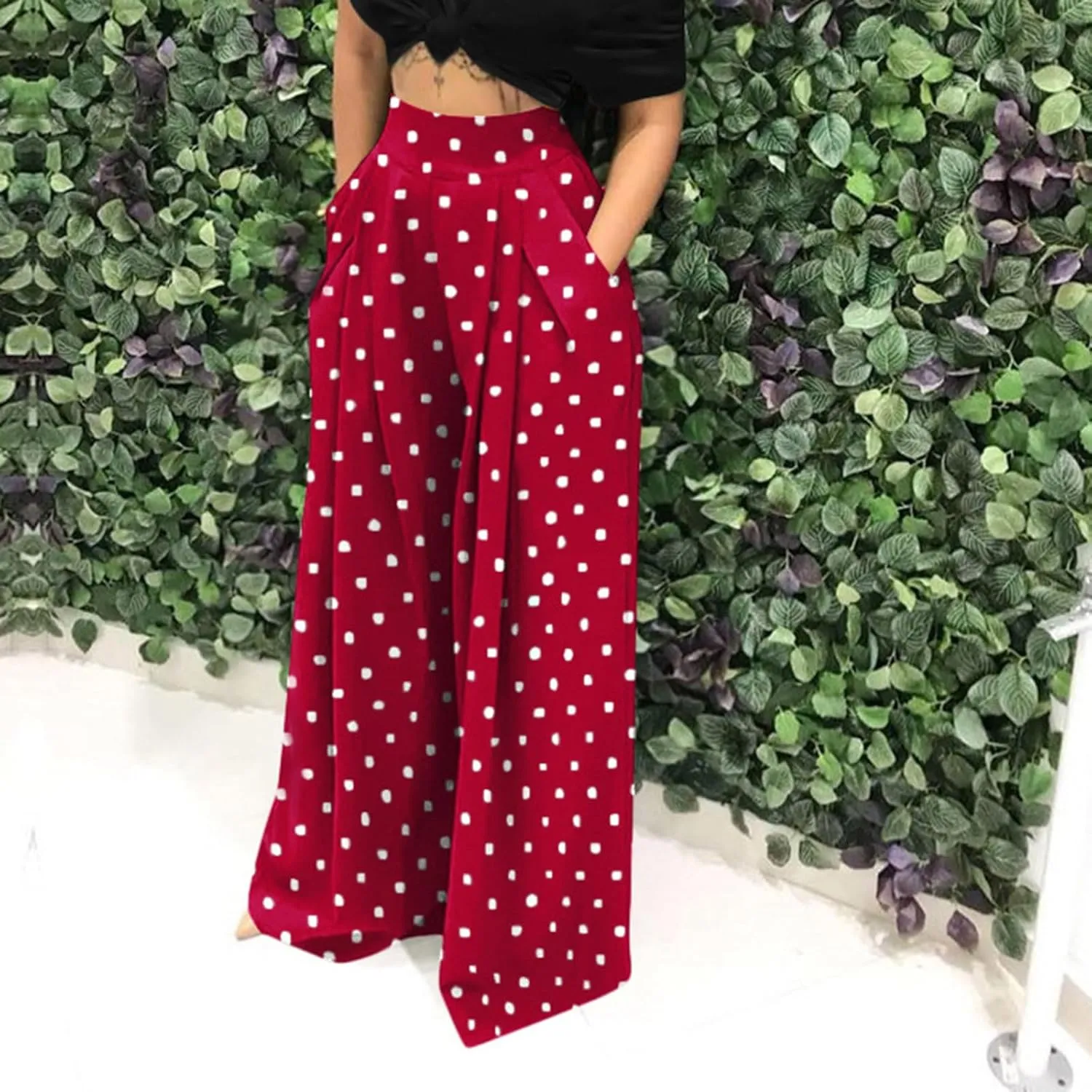 Women Polka Dots Oversized Straight Leg Baggy Pants Stretch High Waist Summer Fashion Casual Trousers with Pockets