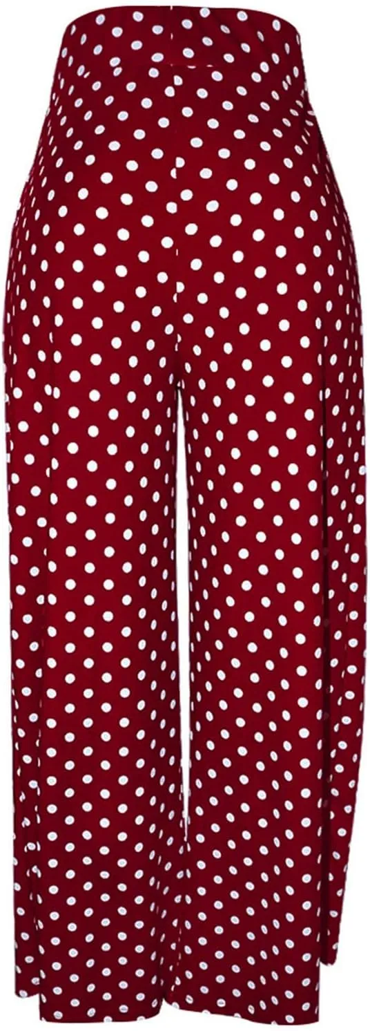 Women Polka Dots Oversized Straight Leg Baggy Pants Stretch High Waist Summer Fashion Casual Trousers with Pockets