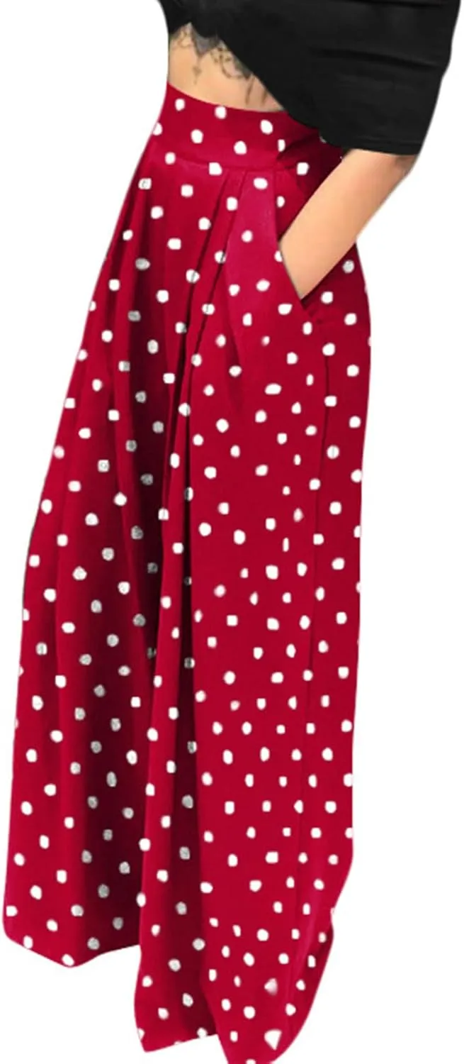 Women Polka Dots Oversized Straight Leg Baggy Pants Stretch High Waist Summer Fashion Casual Trousers with Pockets