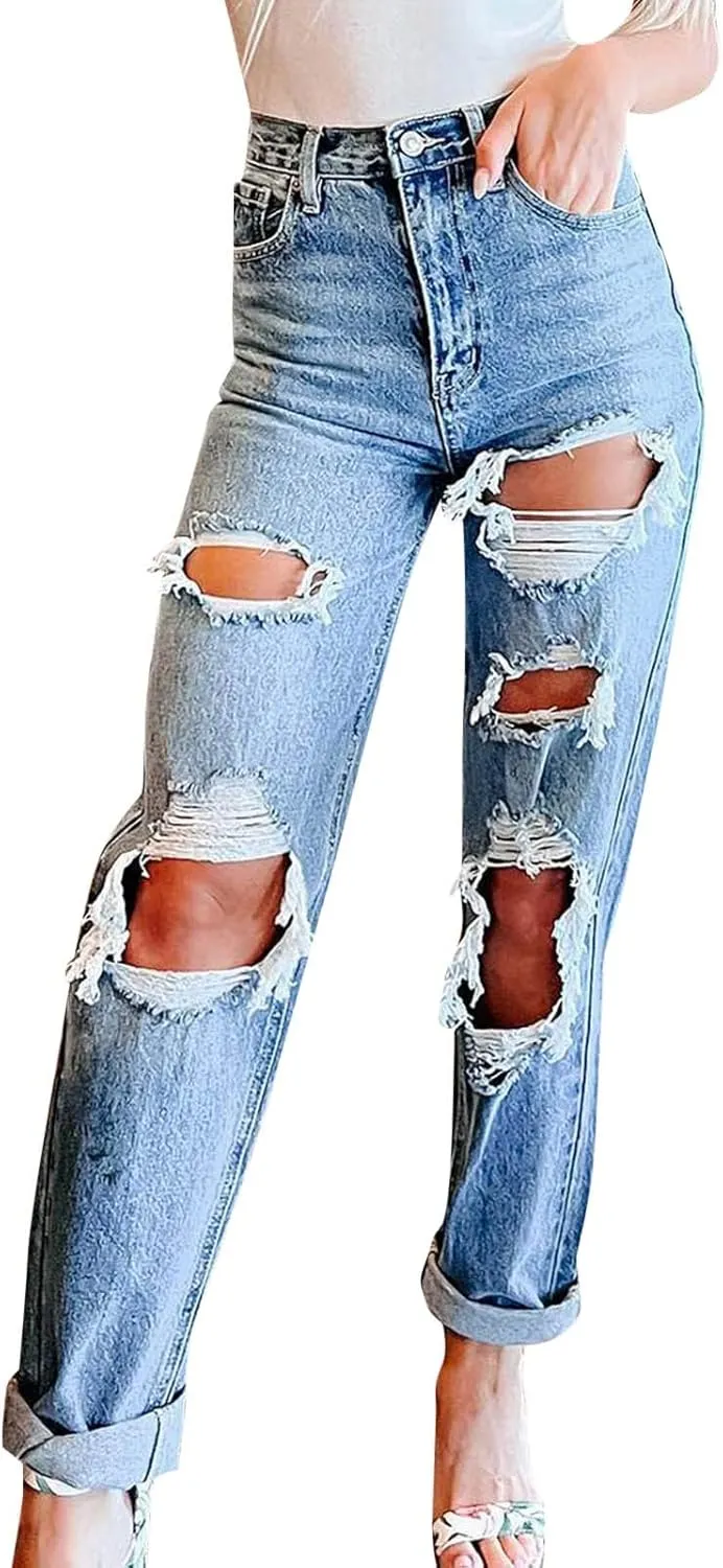 Women Ripped Boyfriend Jeans High Waist Baggy Denim Pants Y2K Distressed Streetwear Vintage Hiphop Dance Trousers