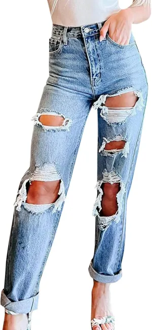 Women Ripped Boyfriend Jeans High Waist Baggy Denim Pants Y2K Distressed Streetwear Vintage Hiphop Dance Trousers