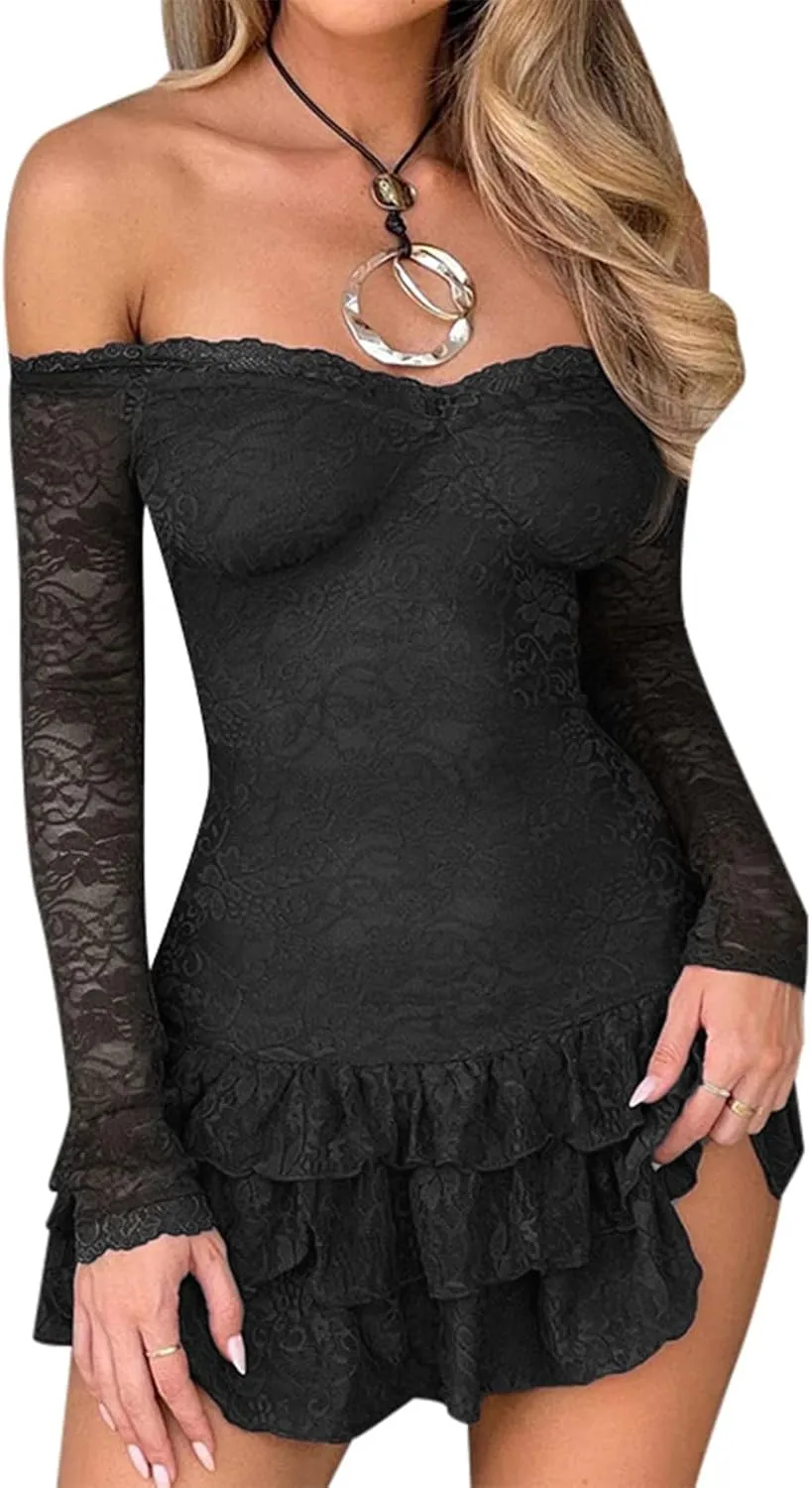 Women Sexy Lace Mini Dress Floral Off Shoulder Long Sleeve Mesh Sheer Dress Ruffles Hem Casual Bodycon Short Dresses