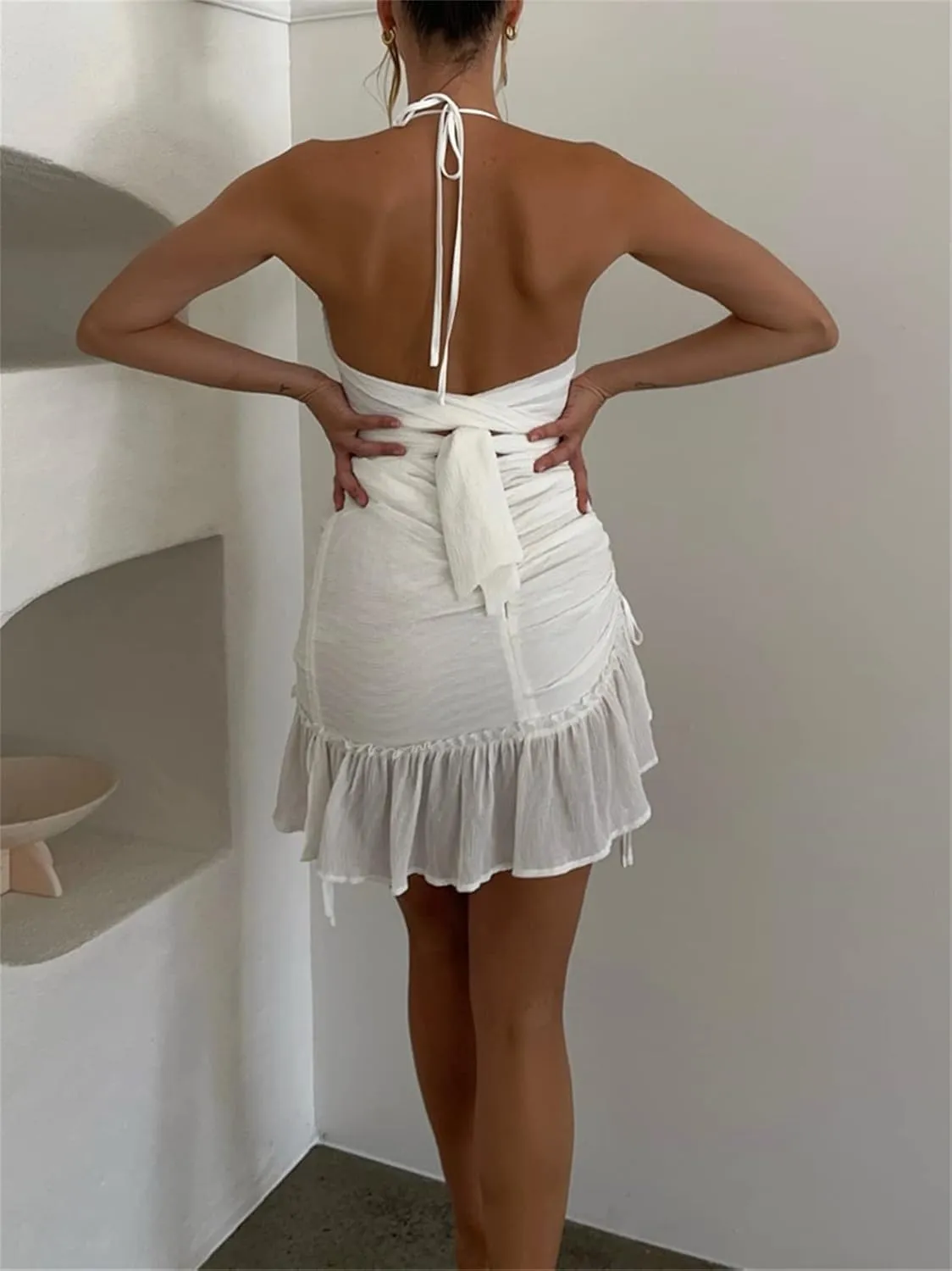 Women Sexy Sleeveless Mini Dress Spaghetti Strap Ruffle Ruched Bodycon Low Cut Lace Short Dress Y2k Party Clubwear