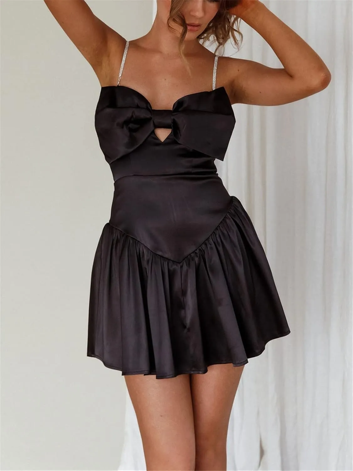 Women Sexy Sleeveless Mini Dress Spaghetti Strap Ruffle Ruched Bodycon Low Cut Lace Short Dress Y2k Party Clubwear