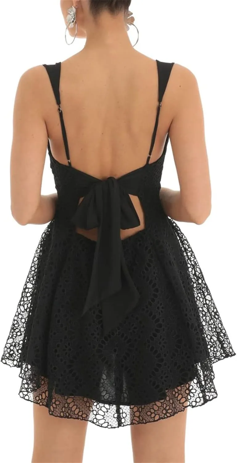 Women Sexy Sleeveless Mini Dress Spaghetti Strap Ruffle Ruched Bodycon Low Cut Lace Short Dress Y2k Party Clubwear