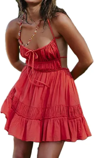 Women Spaghetti Strap Mini Dress Summer Sexy Tie Backless Flowy Sundress Sleeveless Casual Boho Tiered Short Dress
