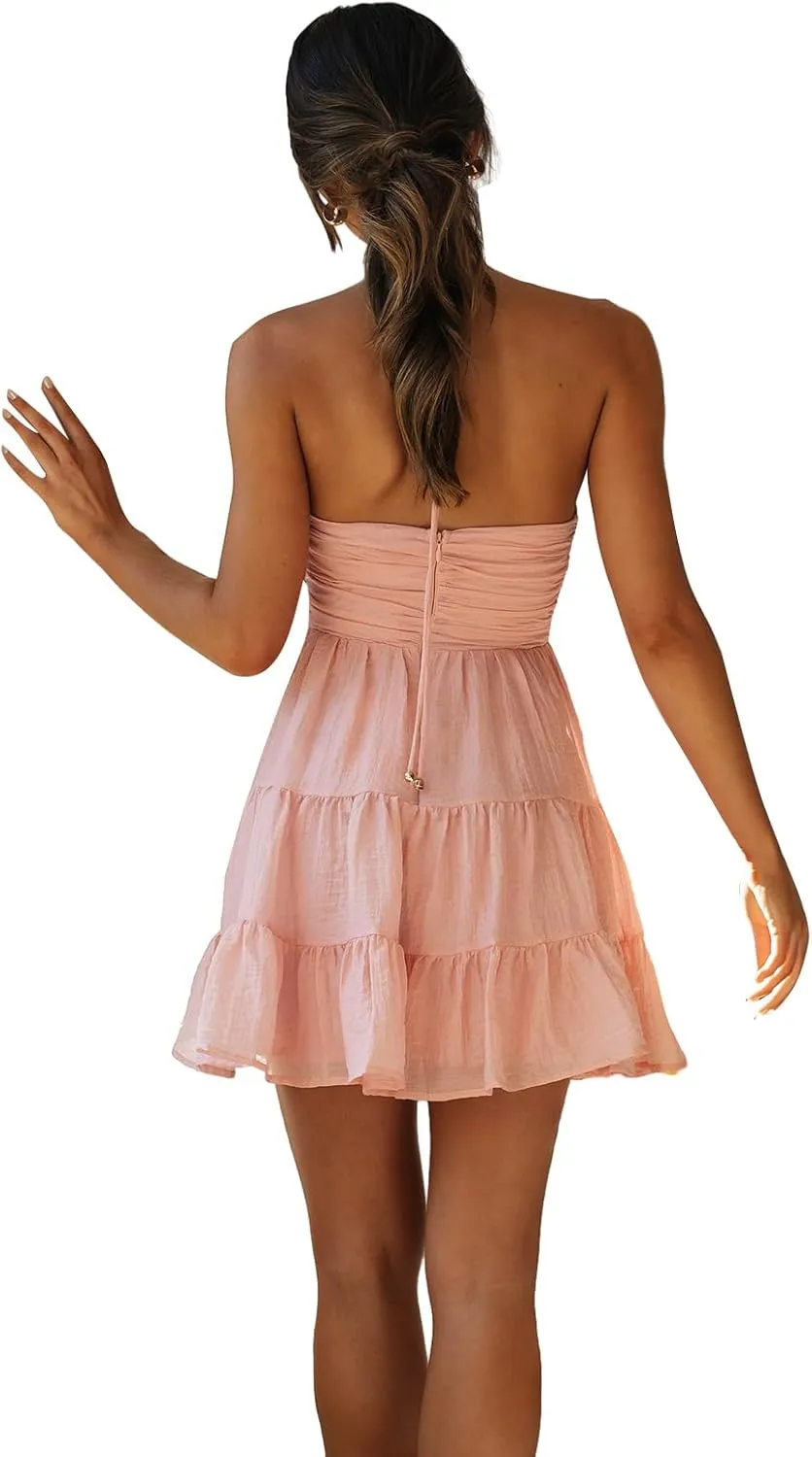 Women Spaghetti Strap Mini Dress Summer Sexy Tie Backless Flowy Sundress Sleeveless Casual Boho Tiered Short Dress