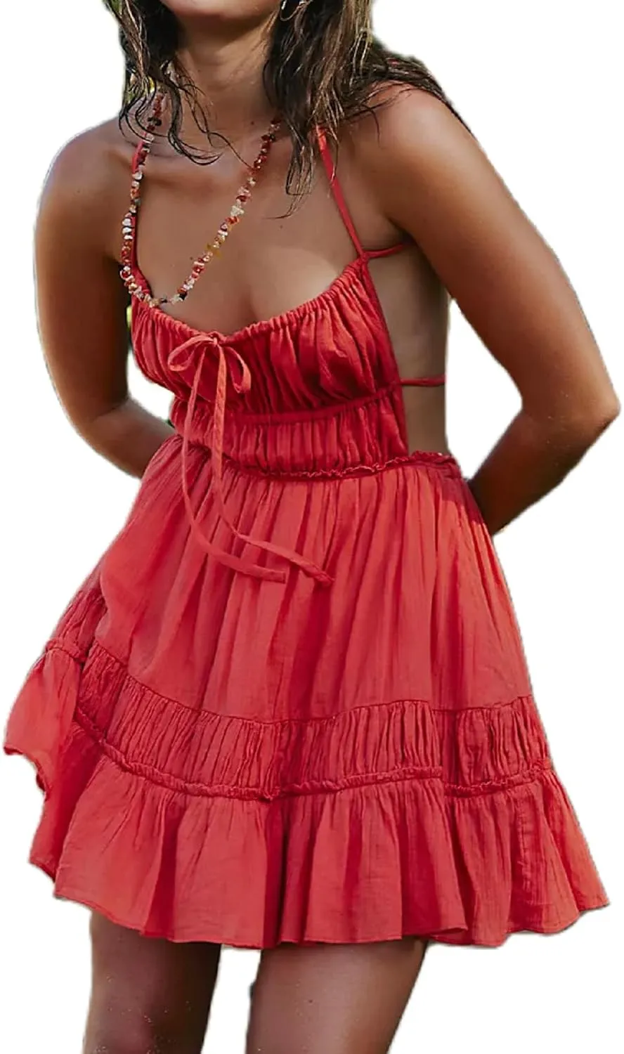 Women Spaghetti Strap Mini Dress Summer Sexy Tie Backless Flowy Sundress Sleeveless Casual Boho Tiered Short Dress